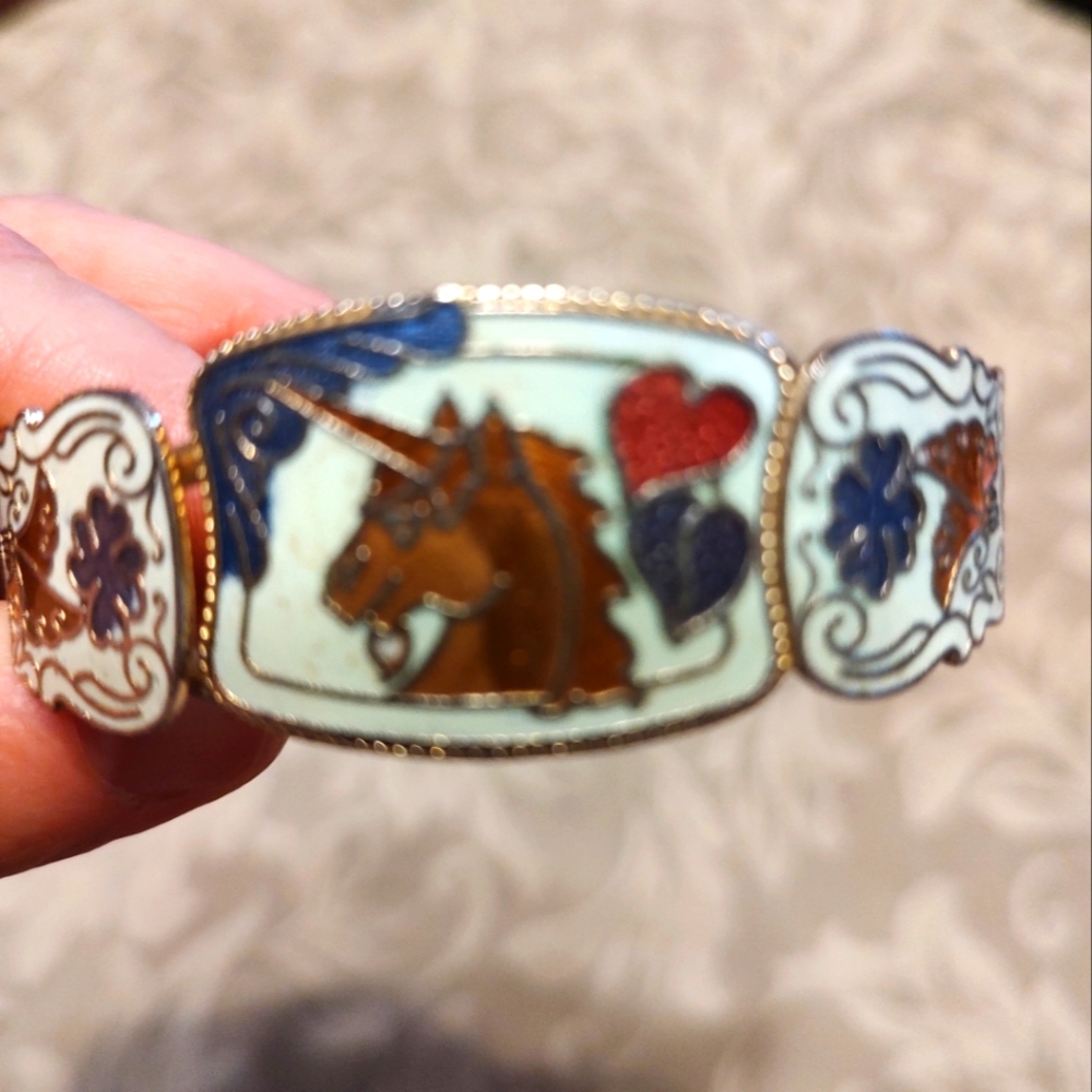 💙🦄💙Glorious 80's RARE Vintage Enameled Unicorn & Floral Hinge Bangle Bracelet - Picture 3 of 14